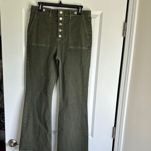 Olive green flared button fly jeans